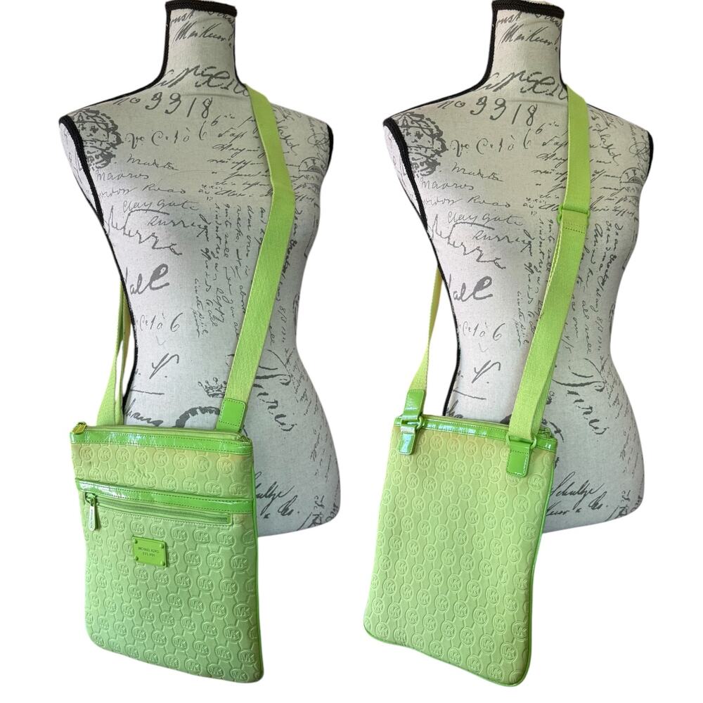 Michael Kors Lime Green Embossed MK Logo Neoprene Crossbody Purse Bag